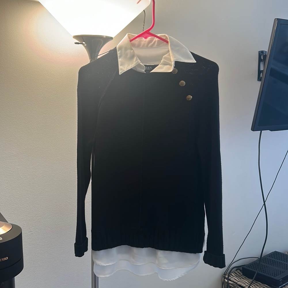 black Ralph Lauren sweater with fake white blouse attached